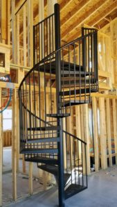 rh iron fab shop interior spiral staircase installation